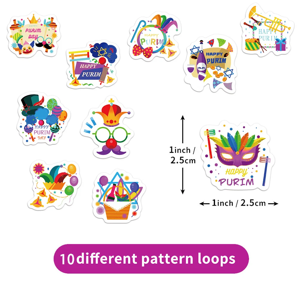 500 個 10 種類の異なるパターン プリム ユダヤ人のプリム祭ロールステッカー 小さなパターン装飾 DIY 荷物ウォーターカップステッカー