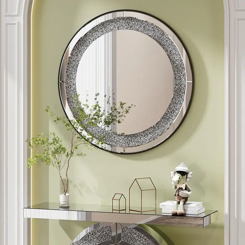 

33.46 Inch Crystal Crush Round Sparkly Silver Mirror for Wall Décor