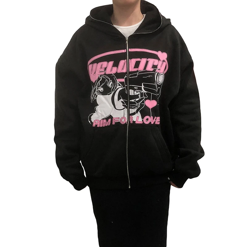 

Women Grunge Gothic Hoodies Jacket Cartoon Letter Print Zipper-Up Sweatshirt Coat Long Sleeve Oversized Outerwear