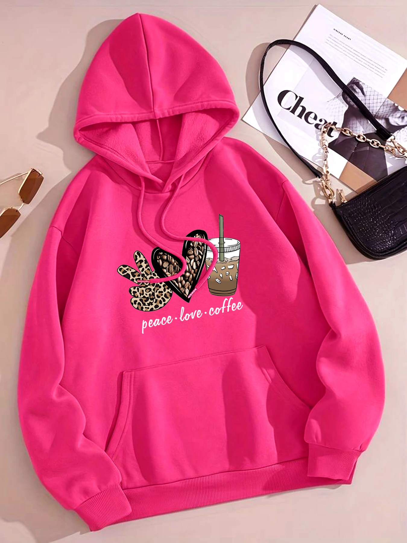 Loose Printed Hooded Sweatshirt For Women Long Sleeve Plus Velvet Kangaroo Pocket Top Casual Sports Pullover