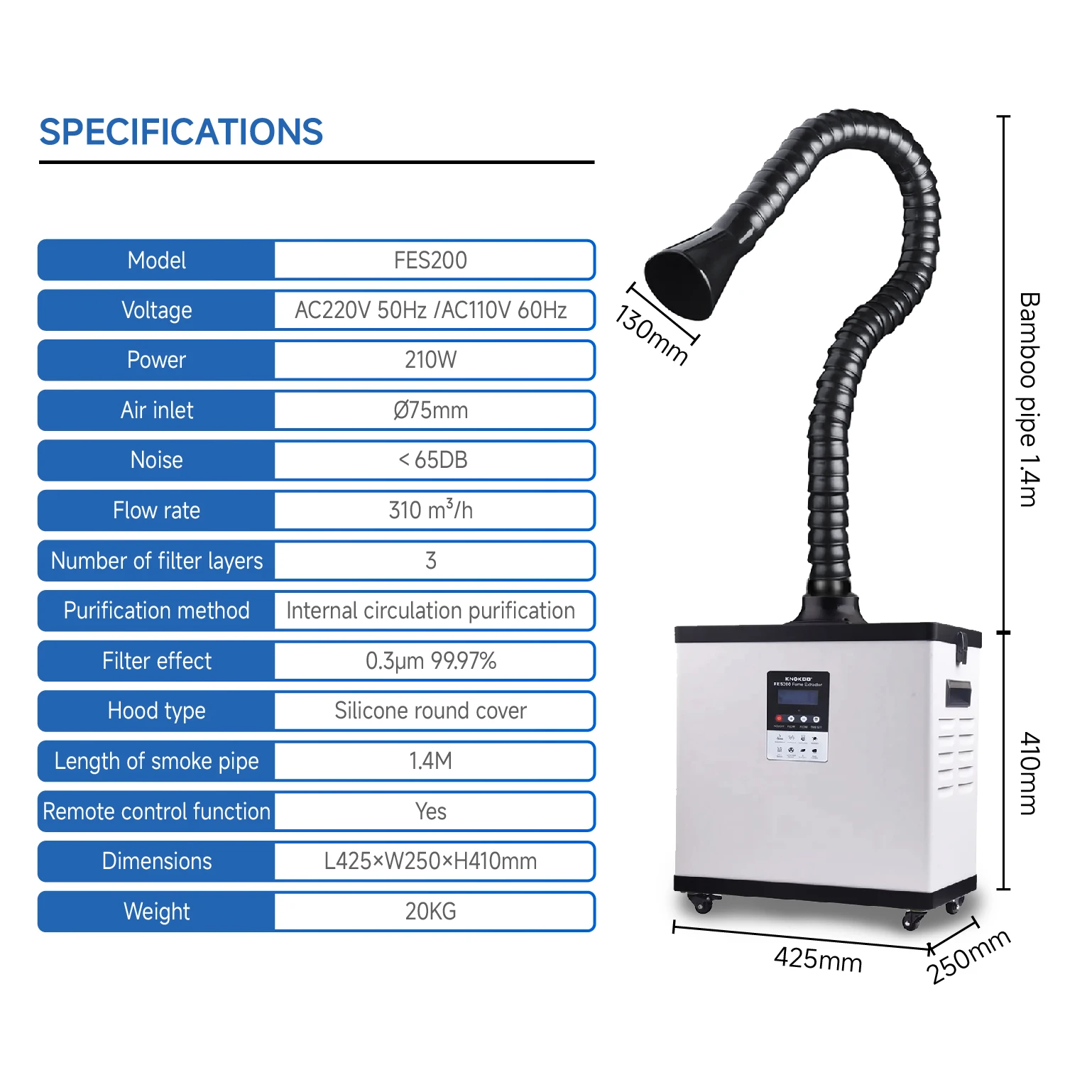 KNOKOO 200W  Digital Display Soldering Fume Extractor FES200 Laser Smoke Purify Machine With Wheel