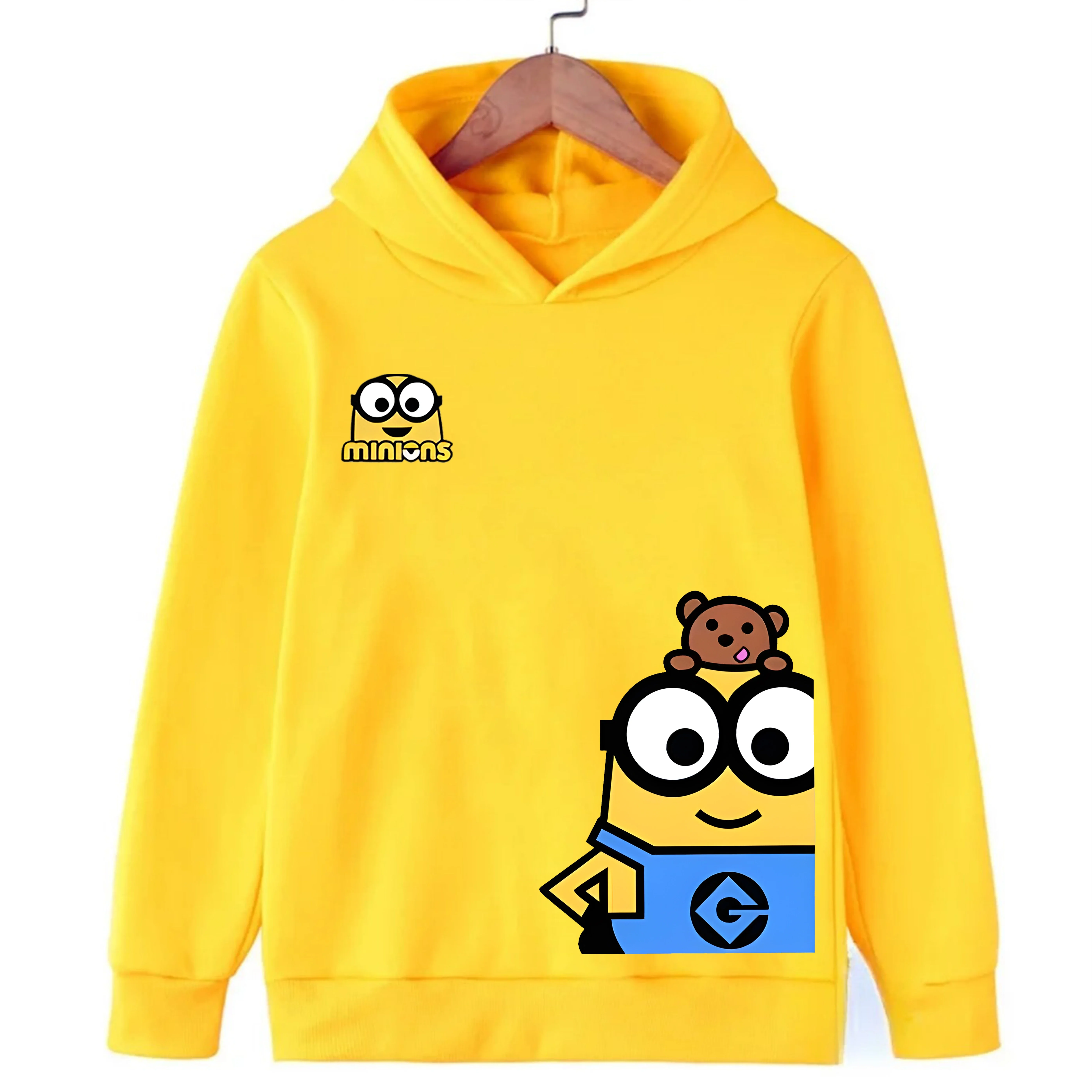 سترة بغطاء للرأس مطبوعة برسوم كارتونية مينيونز للأطفال، سترة كاجوال سوداء طويلة الأكمام بغطاء للرأس #5