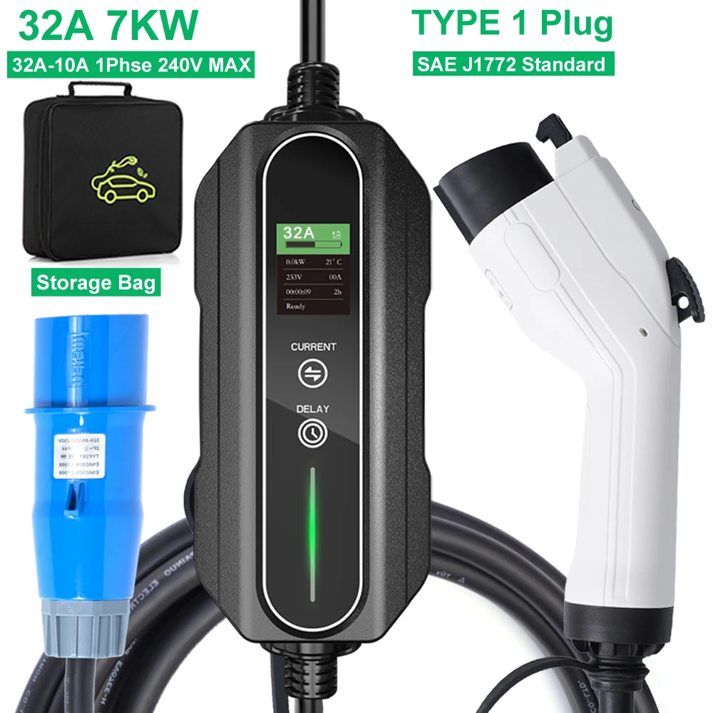 

32A Portable Electric Car Charger Type 1 J1772 Level 2 1 Phase 7.2KW EVSE Adjustable Current 5M Home EV Charger for Vehicle