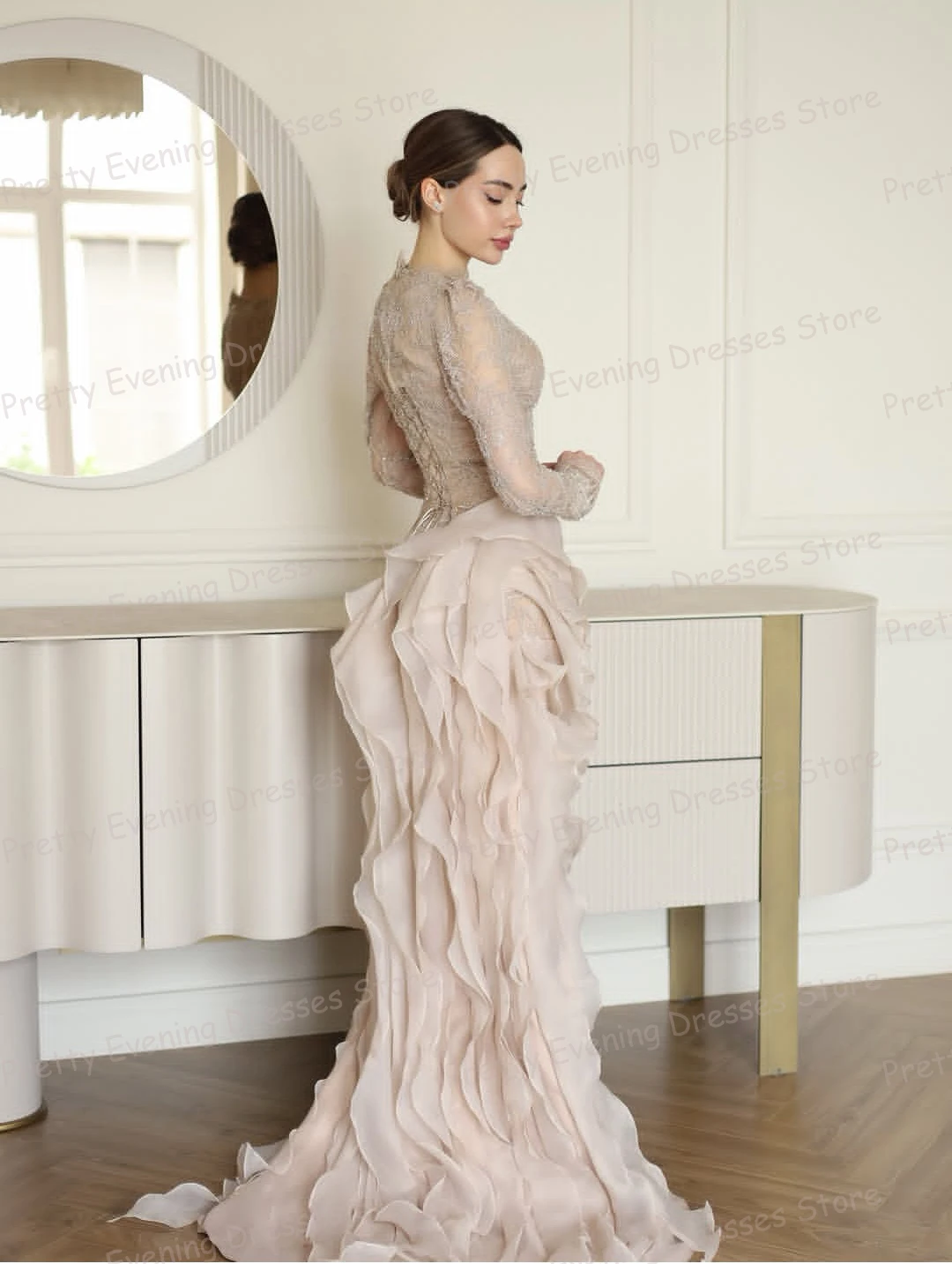 Charming Evening Dresses Mermaid Ruffles Formal Women's Long Sleeve Prom Gowns Customized Sexy Lace Beach Party Vestido De Novia