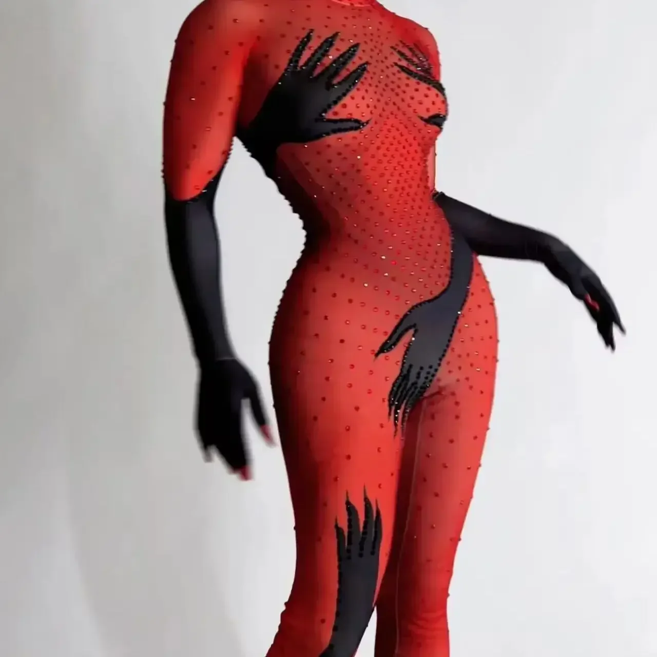 2025 Donne Festeggia Stage Wear Tute con strass rossi completi Drag Queen Outfit Festa di compleanno Costume Guanti Tute Heishou