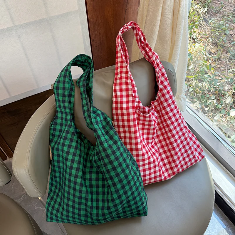 Vintage Plaid Damen Weste Umhängetaschen große Kapazität weibliche wieder verwendbare Einkaufstasche Baumwoll tuch Schulmädchen Buch Einkaufstaschen – Detail 12