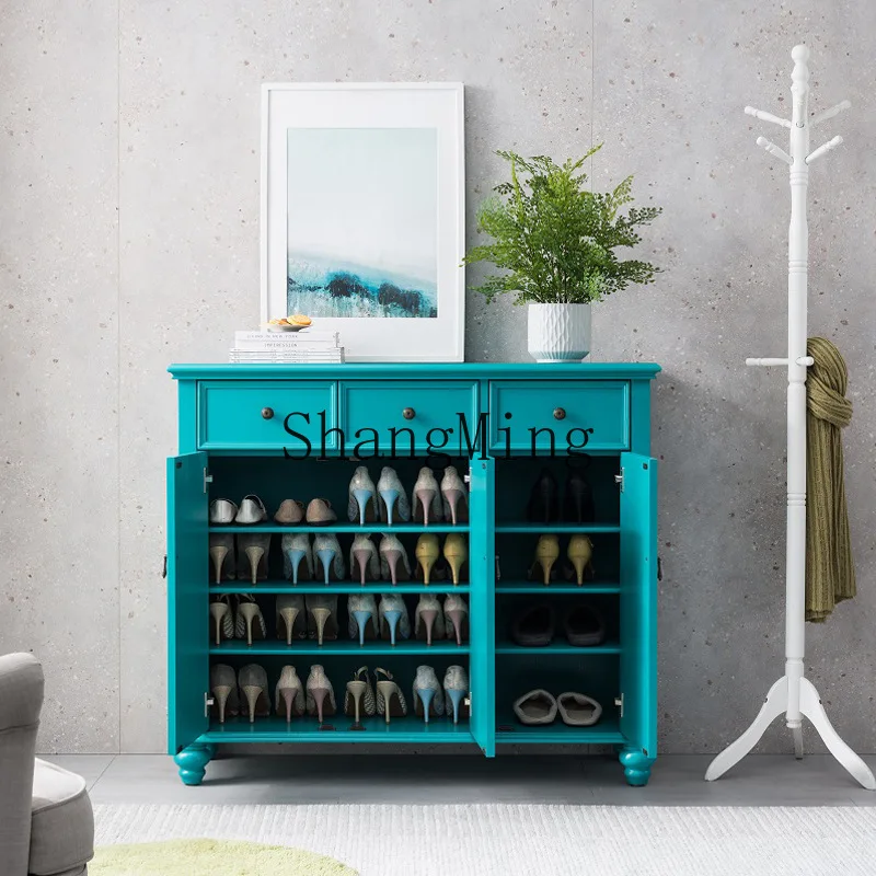 

SM household solid wood shoe cabinet large capacity multi-layer locker blue porch partition cabinet