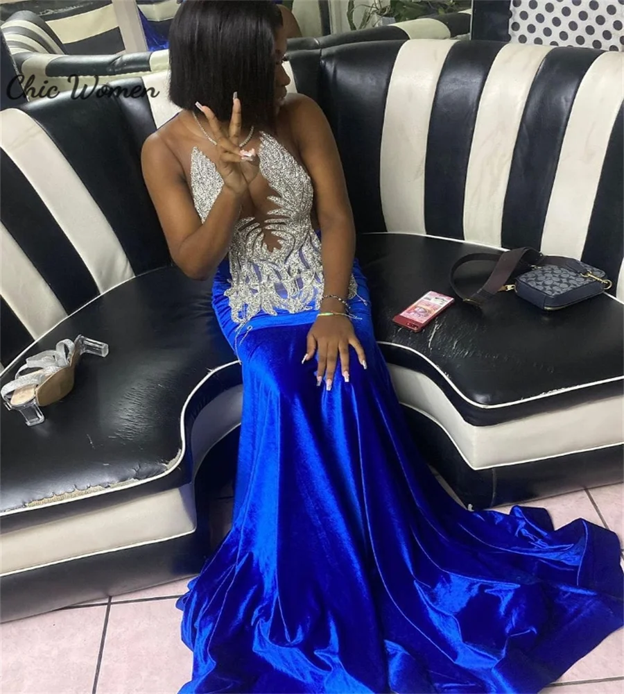 Royal Blue Sparkly Merrmaid Prom Dress Customized Sleeveless Sequin Black Girls Evening Gowns Elegant Shine Formal Occasion