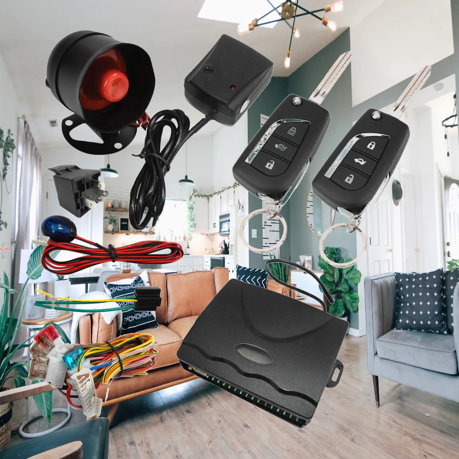 Auto Remote Central Kit Car Alarm 1 Way Start Keyless Entry System with 2 Key Fobs Shock Sensor for Universal Vehicles