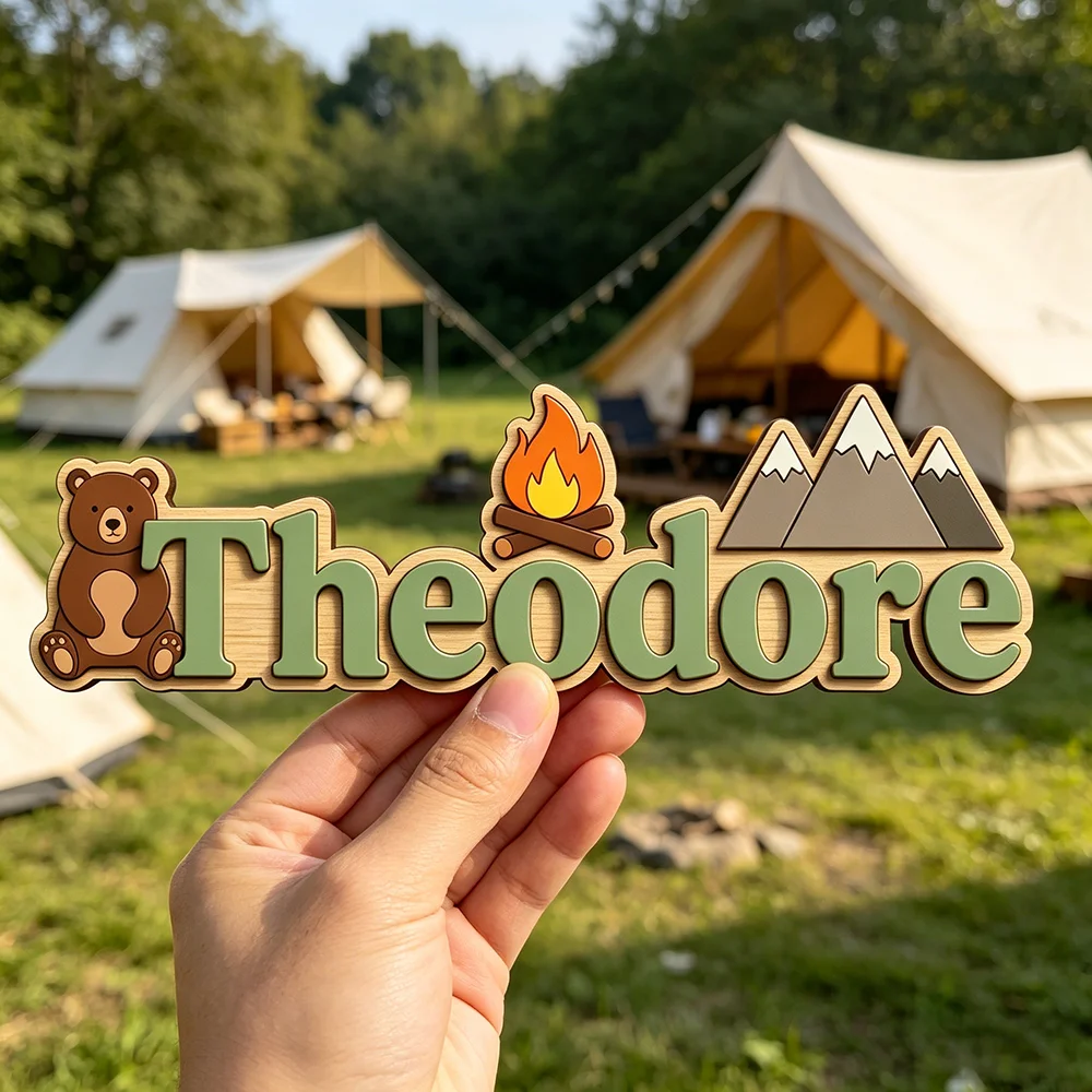 Panneau personnalisé avec nom d'ours et feu de camp pour le bébé le plus cher, décoration mignonne en bois pour chambre d'enfant sur le thème de l'aventure en montagne