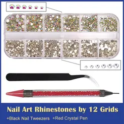 12 Grids Multi Sizes Clear Crystal AB Nail Rhinestones Set DIY Nail Art Decoration Diamonds with Tools Nails Accessories