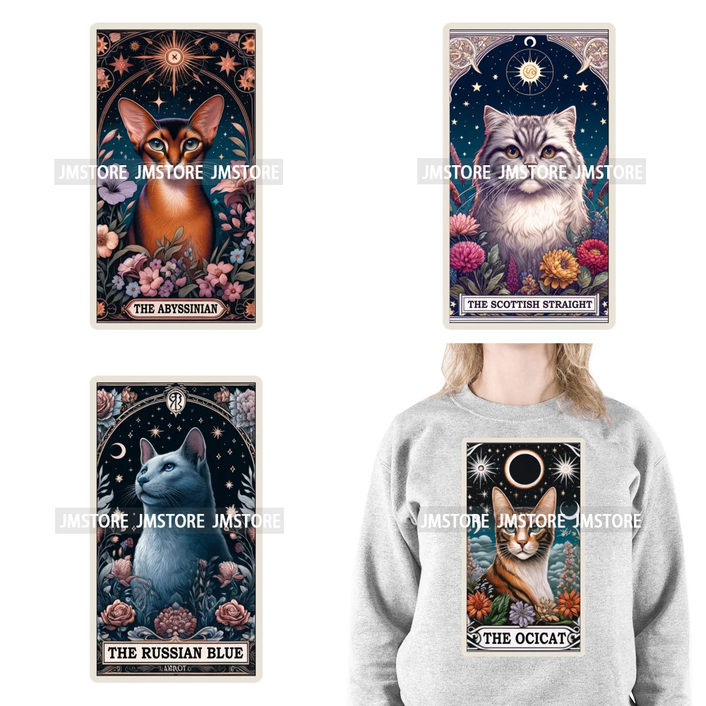 

Cute Cat Flowers Tarot Card Mystical Vibes Iron on DTF Washable Transfers Stickers Designs Ready to Press for Clothing Bags