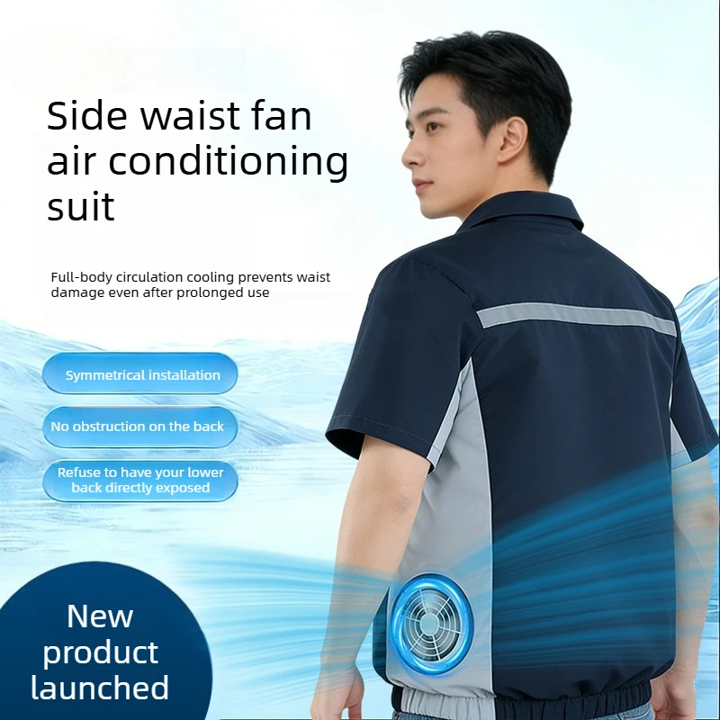 New Short Sleeve Cooling Fan Work Shirt With Dual Side Waist Fans Sun Protection Men Labor Workwear