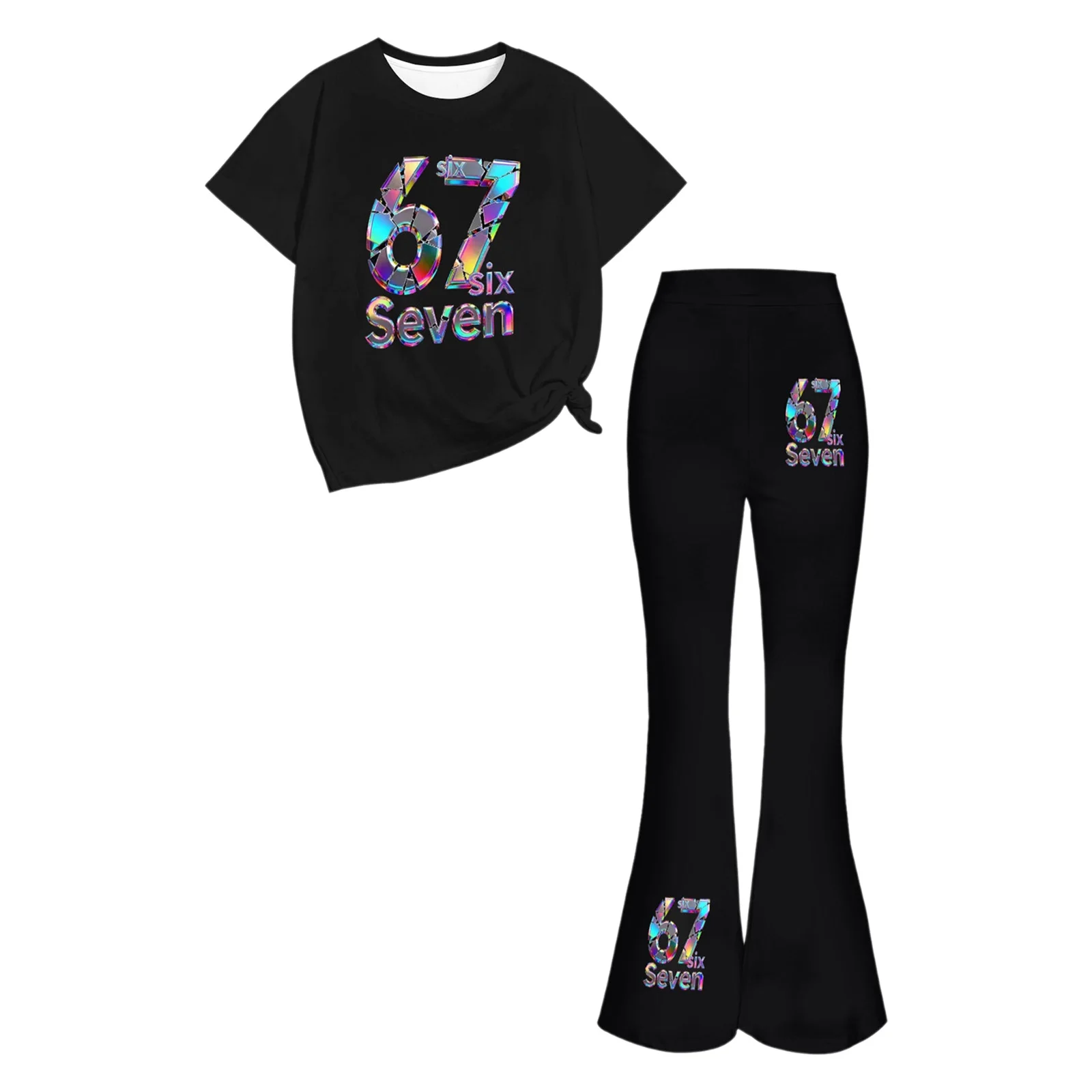 Kids Girls Gym Fitness Warm-up Sports Costume Round Neck Short-sleeve Number Printed T-shirt with Pants Daily Casual Life Outfit
