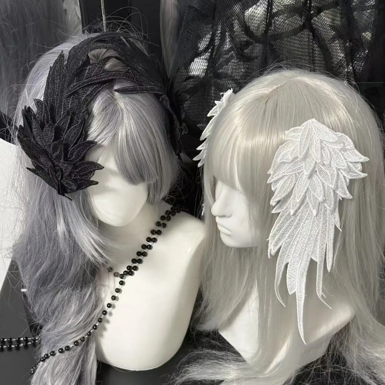 Lolita Headwear Angel Wings Feather Black White Party Performance Style gothic lolita Wing Hair Ornament