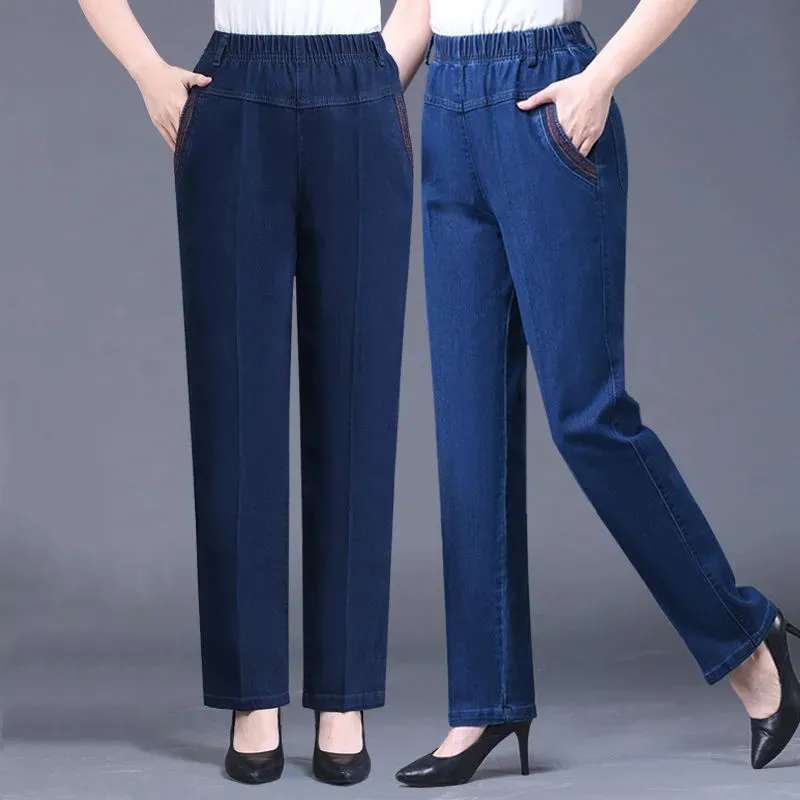 

New Jeans Middle Aged Female Denim Pants Loose Womens Jeans High Waist Casual Elastic Mother Straight Pants