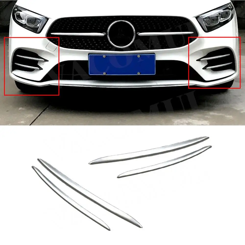 4pcs/set ABS Sliver Front Fog Lamp Grill Grille Decorative Cover Trim Strips for Mercedes Benz A Class A180 A200 Sport 2019-2022