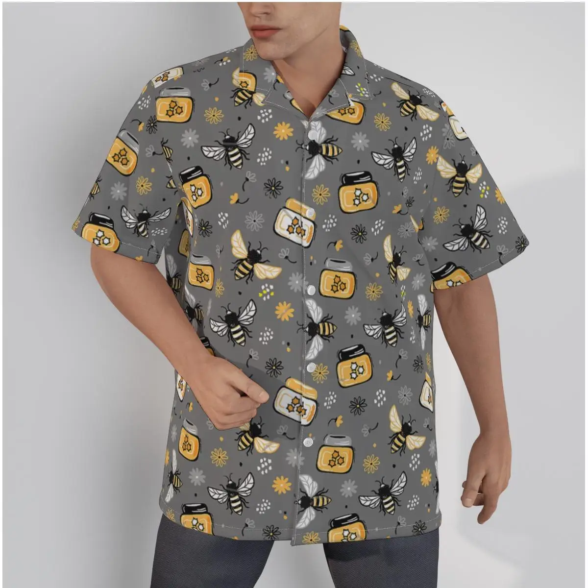 

Men's Hawaiian Shirt Cartoon bee Beach Short Sleeve Summer Casual Button Up Patchwork Tops 3D Grey Shirts