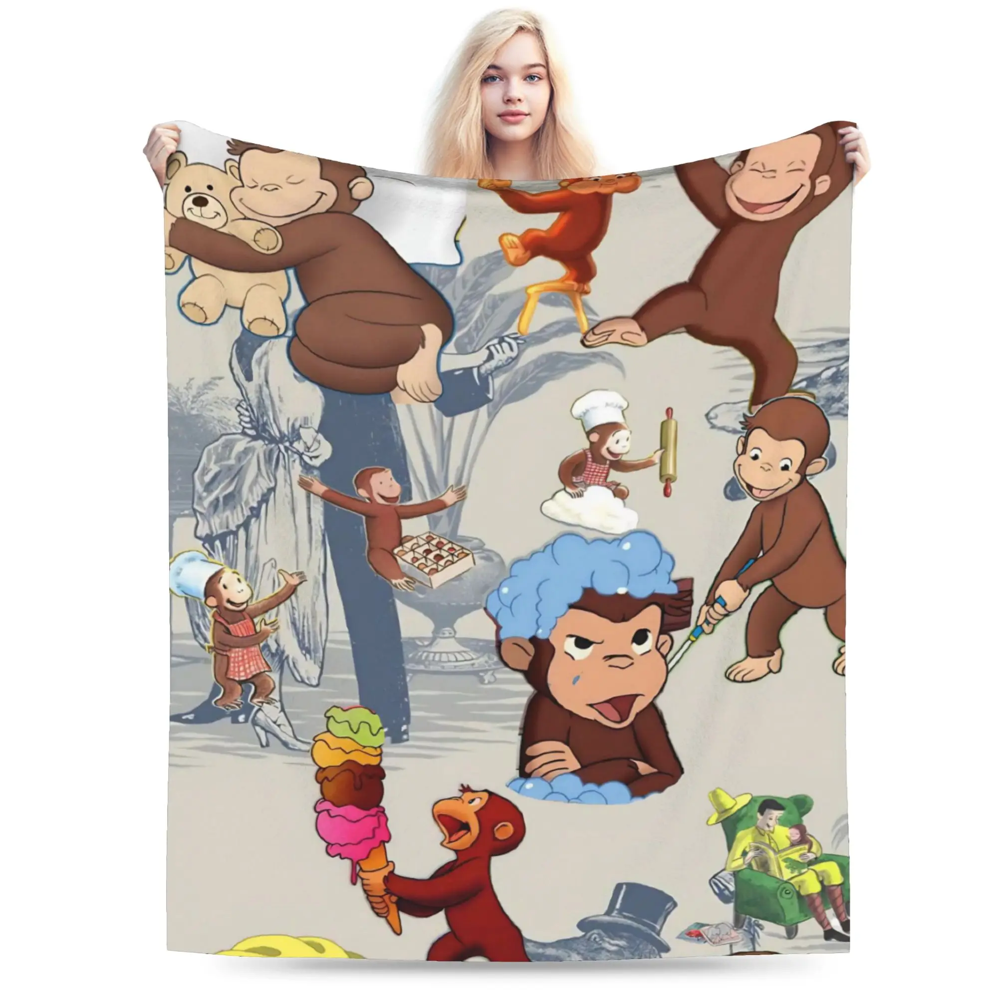 Super Soft Curious George African Monkey Throw Blanket Premium Fleece Flannel Lightweight  Bed Blanket Fuzzy Plush Blankets