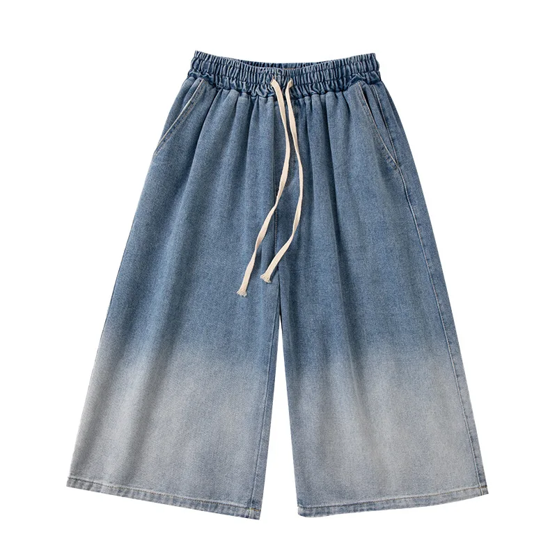 

Wide Leg Pants Denim Pant Men Jeans Vintage Loose Gradient High Waist Straight Calf Length Trousers Y2k Streetwear Lace Up 2026