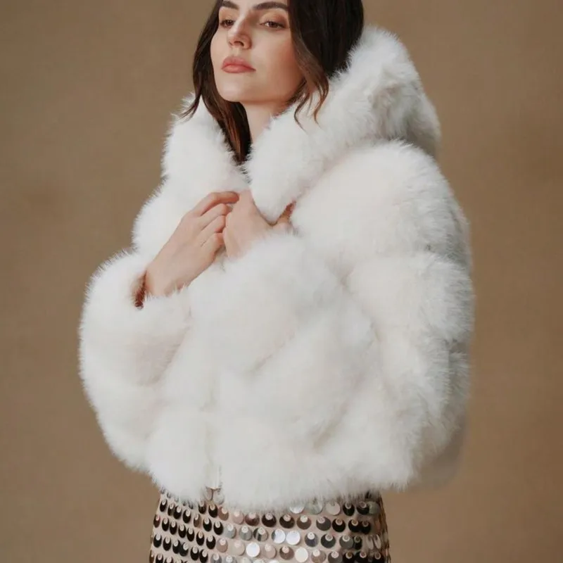 2025 estilo coreano casaco de pele sintética feminino com capuz zip-up blazer com gola entalhe engrossado quente inverno outwear jaquetas de pele do falso