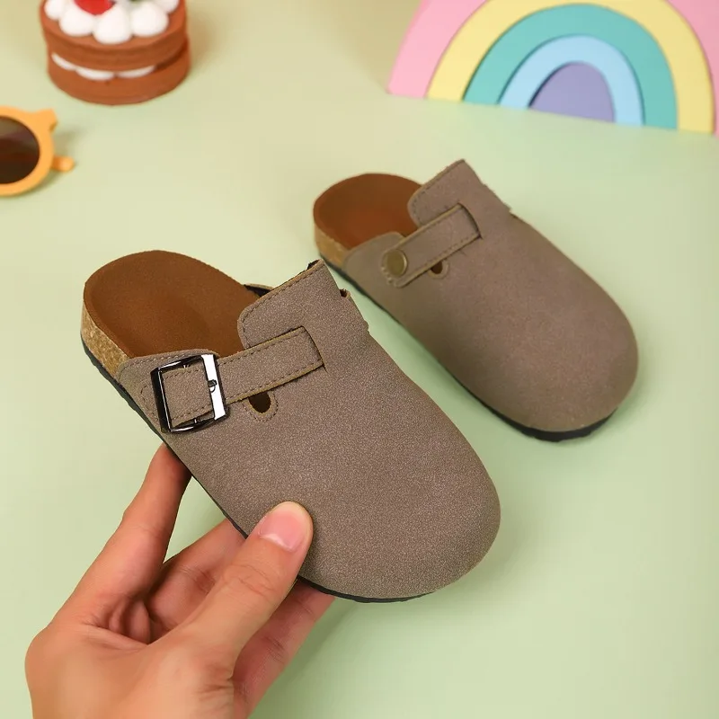 New Retro Fashion Children Casual Shoes Solid Color Soft Soled Round Toe Thick-Soled Suede Clogs Girls Sandals Outdoor Beach