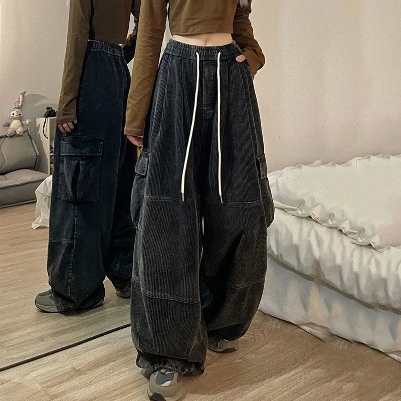 American Retro Purple Corduroy Overalls Fashion Pants Winter Loose Women Wide-Leg Thickened Washed Distressed Straight Trousers