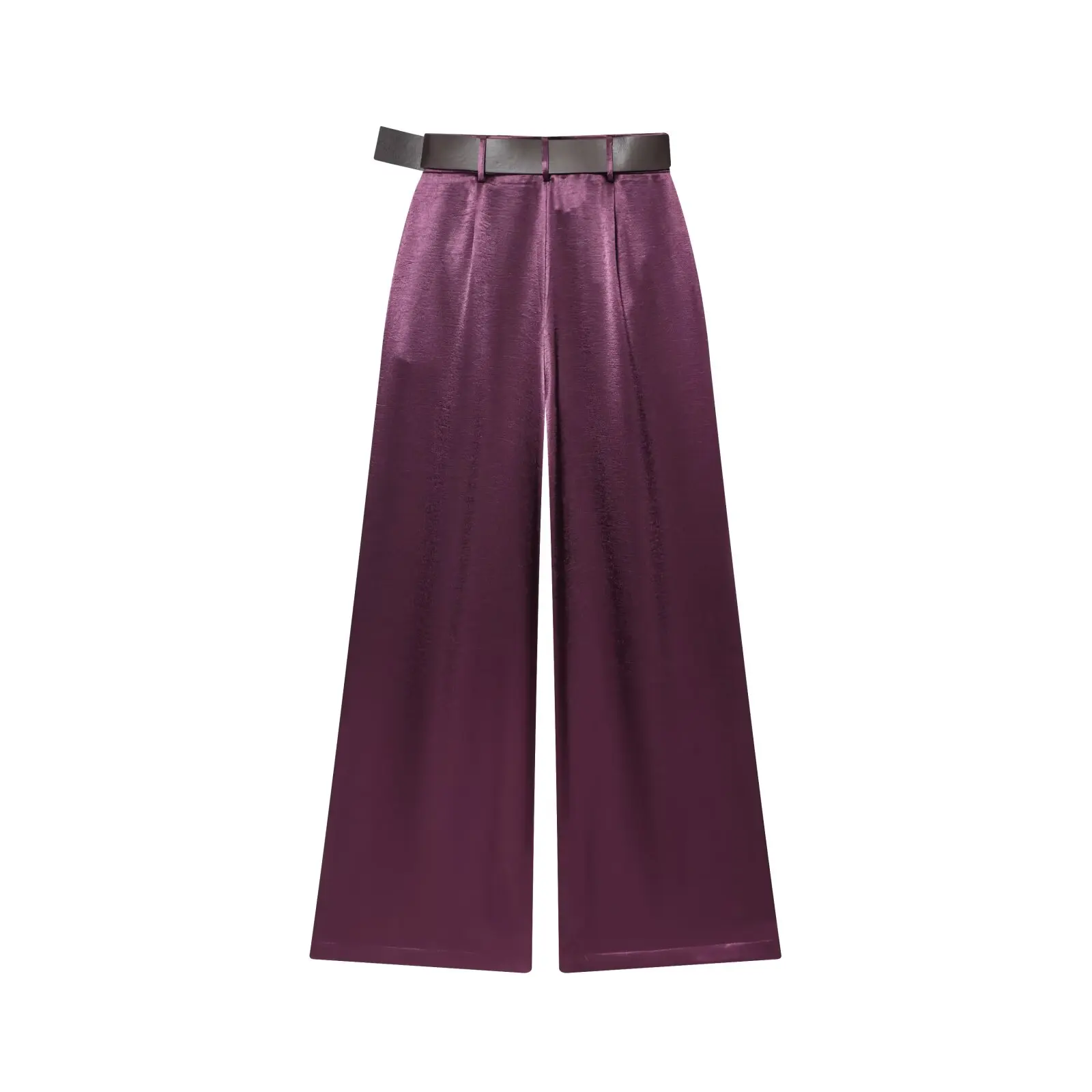 2025 Spring Autumn Women's Elegant Purple Silk Satin Floor Long Wide Leg Pants Belt Office Lady Vintage Chic Zipper Fly Trousers