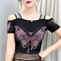 2026 Sexy Off Shoulder T-Shirt For Women Clothes Luxury Flower Diamonds Short Sleeve Tees Summer Fashion Female Mesh Top Shirts - Image 4