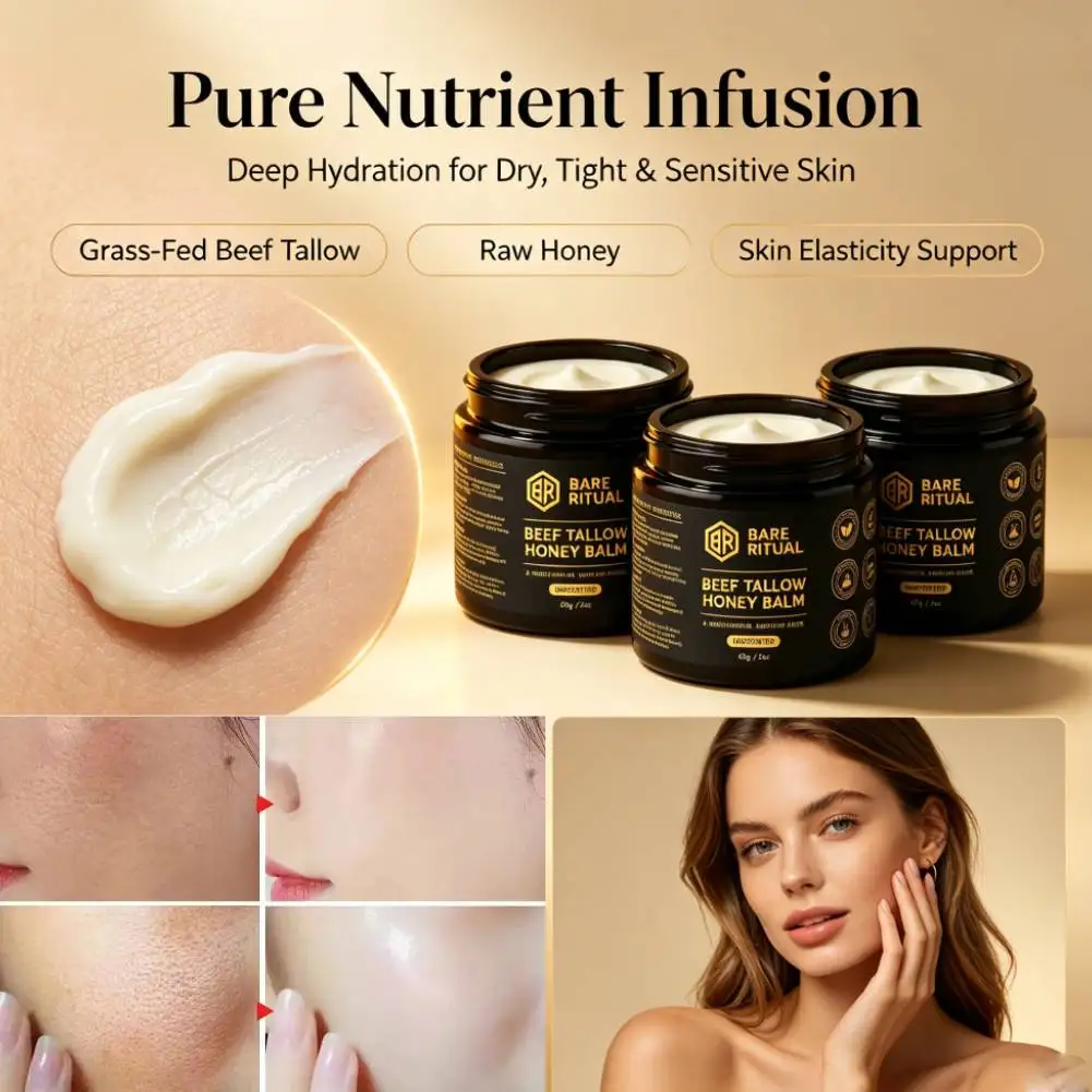 Beef Tallow Honey Balm Raw Honey Olive Oil Moisturizing Cream Barrier Repair Natural Ingredients Unscented for Sensitive Skin