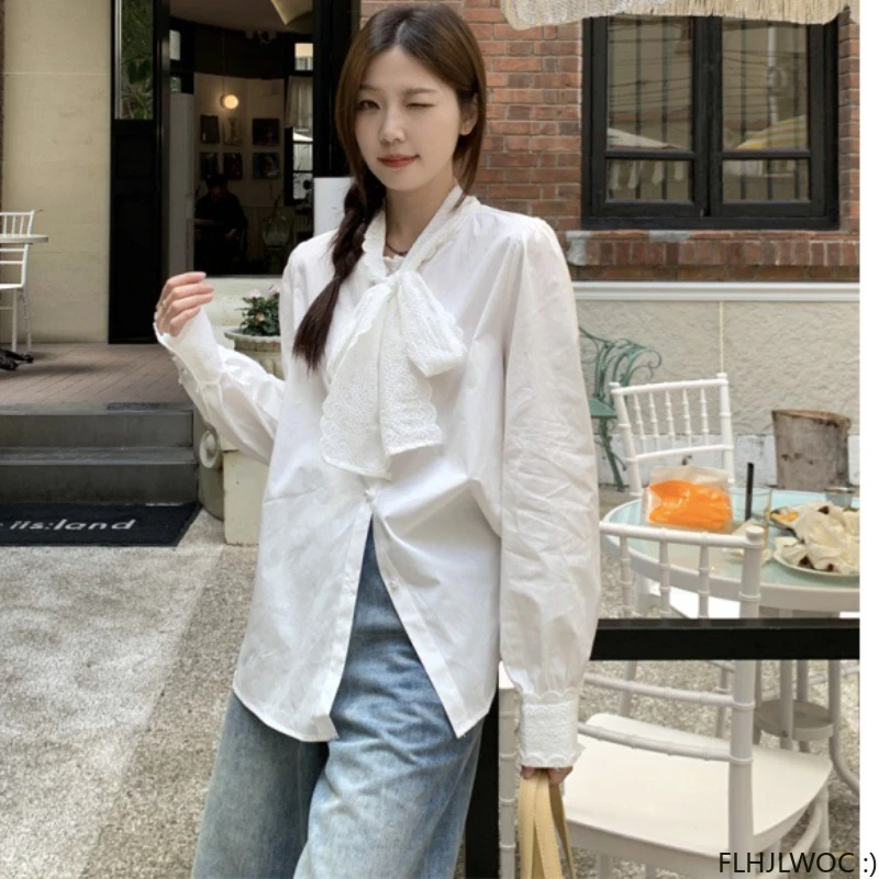 M-4XL Losse Strik Tops Vrouwen Koreaanse Stijl Design Kleding Elegant Kantoor Dame Schattig Lint Lieve Witte Kanten Shirts Blouses