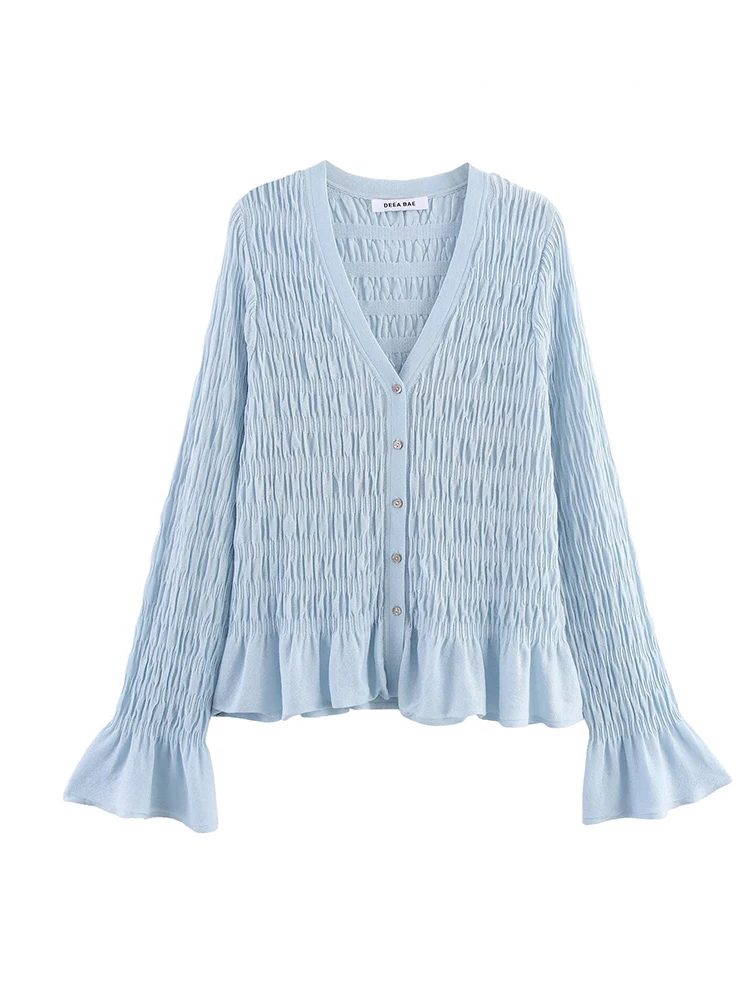 

HH Women's Autumn Fashion Versatile Pleated Ruffled V-neck Knit Coat Female Elegant Single Breasted Casual Slim Cardigan Top