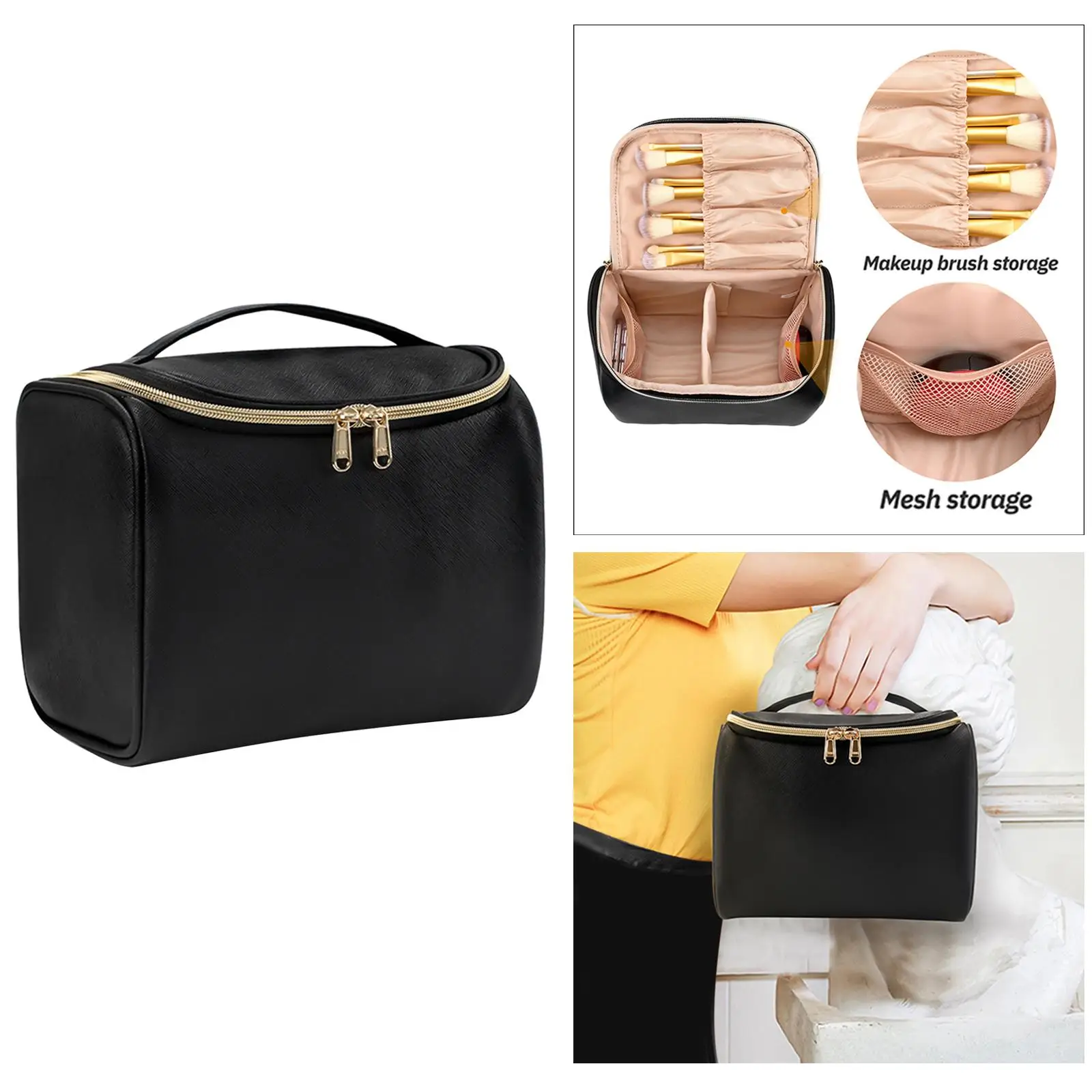 Black Makeup Bag Cosmetic Bags Vertically Storage with Divider , for Brushes, Tweezers