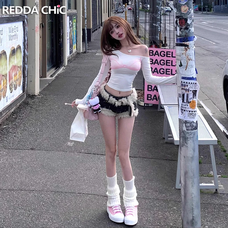 ReddaChic فو الفراء مربوط النساء الدنيم السراويل منخفضة الخصر ممزق غامض الغنيمة السراويل Gyaru Shoujo اليابانية Harajuku الجينز السراويل الساخنة #1