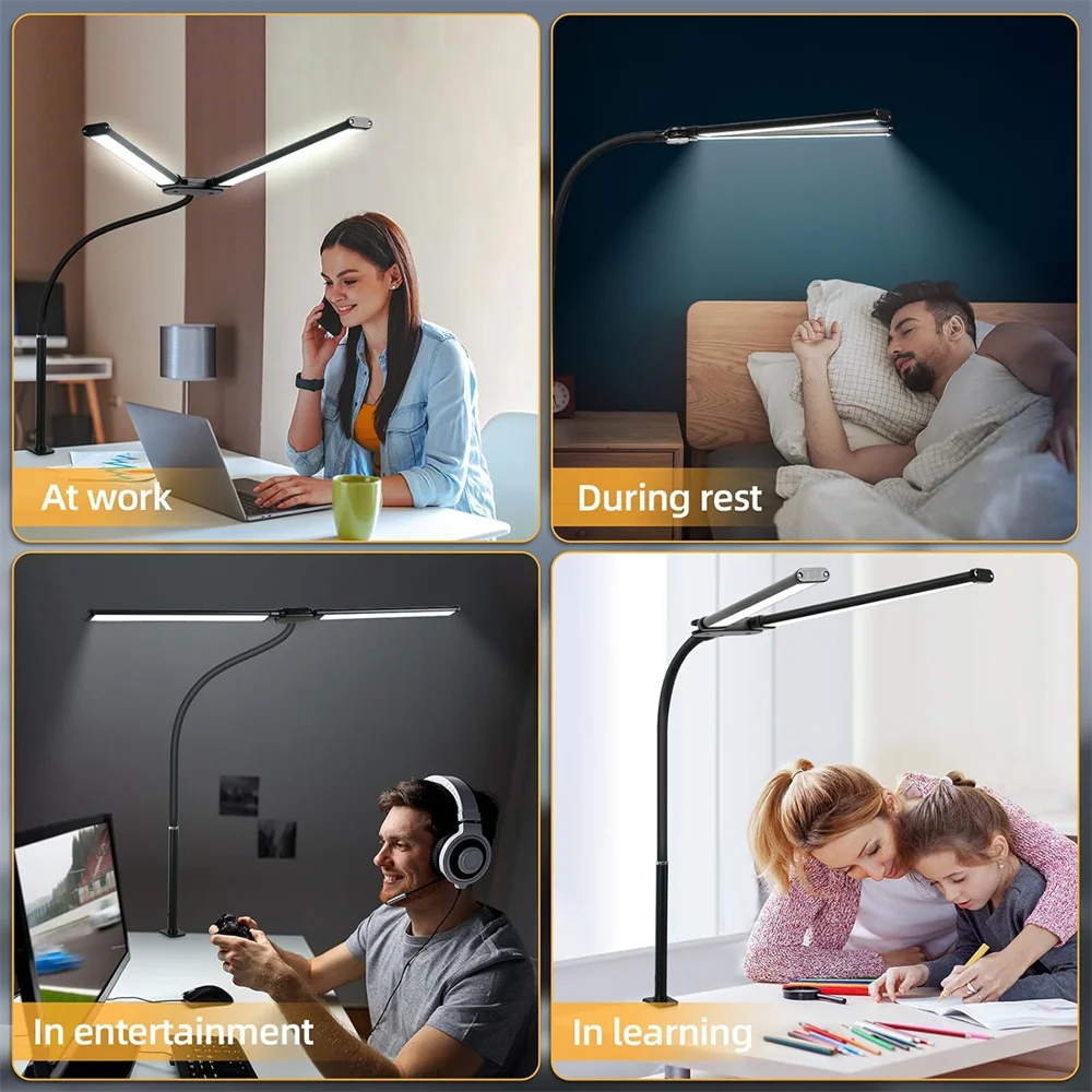 مصباح مكتب LED برأس مزدوج، مصابيح مهام مهندس معماري مع مشبك، مصباح مكتب LED قابل للتعديل ومشبك مرن معقوفة