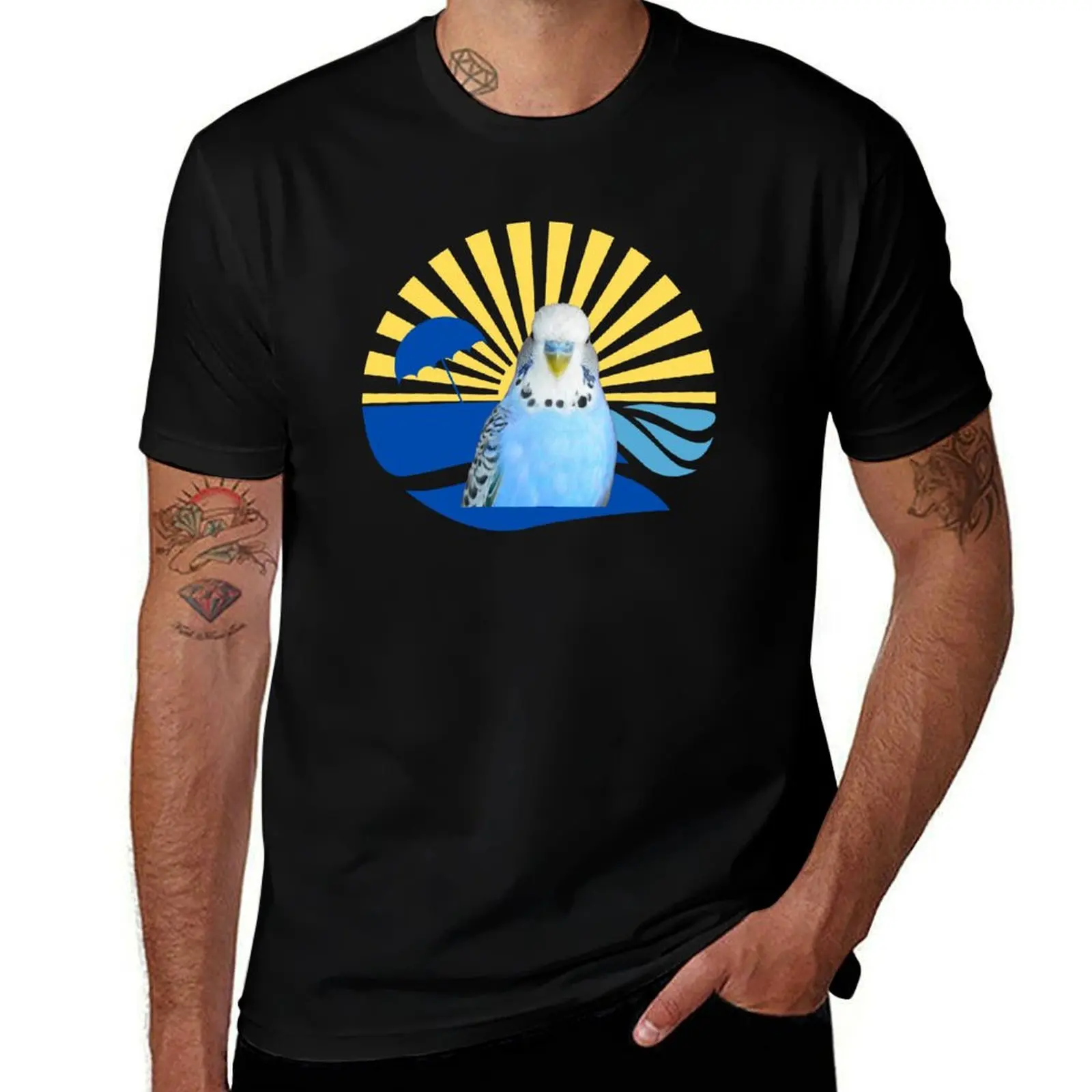 Blue Budgie Parakeet Tropical Sunset T-Shirt Holiday Party T-Shirt for Men