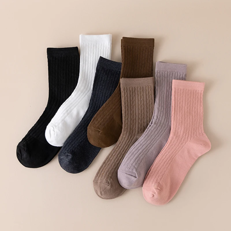 7 pairs of ladies autumn and winter solid color socks stack socks trend mid socks women\'s socks