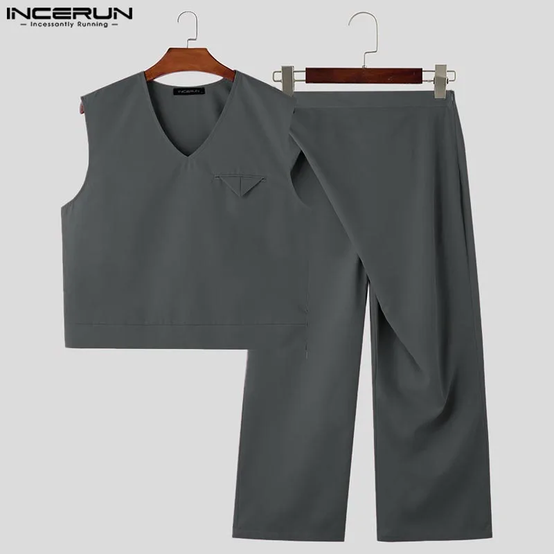 INCERUN Men Solid 2PCS Sets 2024 Casual Sleeveless V-neck Tops Zipper Side Pocket Pant Suits Elegant Vintage Style Outfits S-5XL