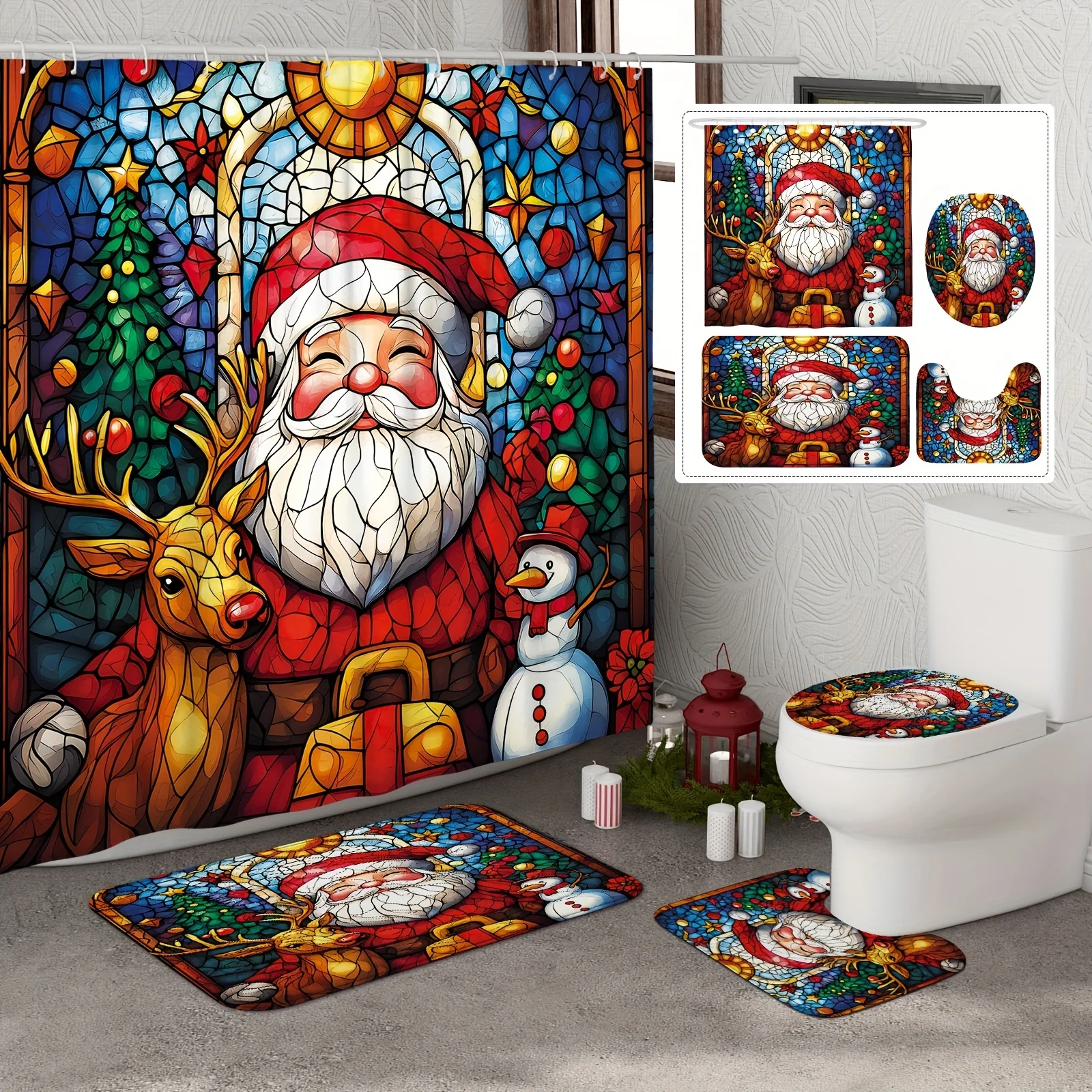 

【Название английского языка】: Набор занавесок для душа из рождественского витража со снеговиком Санта-Оленем, нескользящей U-образной крышкой для унитаза и ковриком для ванной