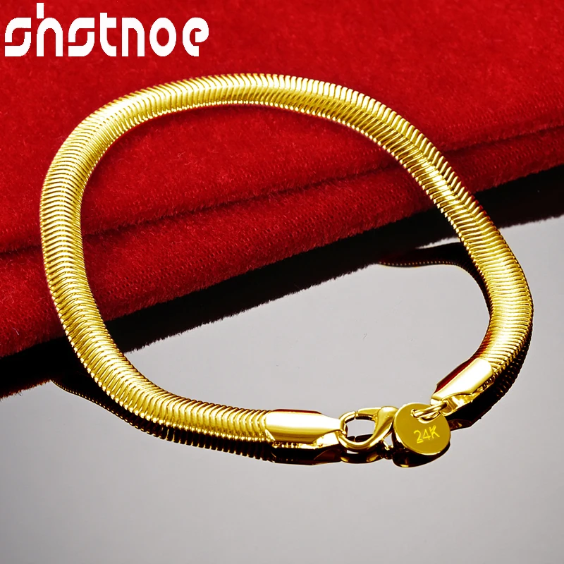 SHSTONE 24K Gold 6mm Side Chain Bracelets For Men Woman Fashion Party Wedding Engagement Christmas Charm Jewelry Lady Gift