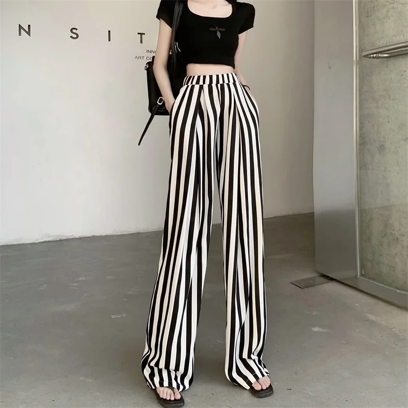 

Women 2024 Summer New Fashion Striped Wide-leg Pants Female Thin High Waist Trousers Ladies Long Loose Straight Pants N43