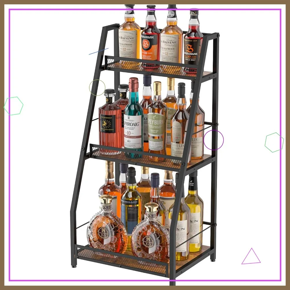 

3-Tier Trapezoid Liquor Stand for Home Bar, Stepped Wine Rack Freestanding Floor Display with Fences, Vintage Brown