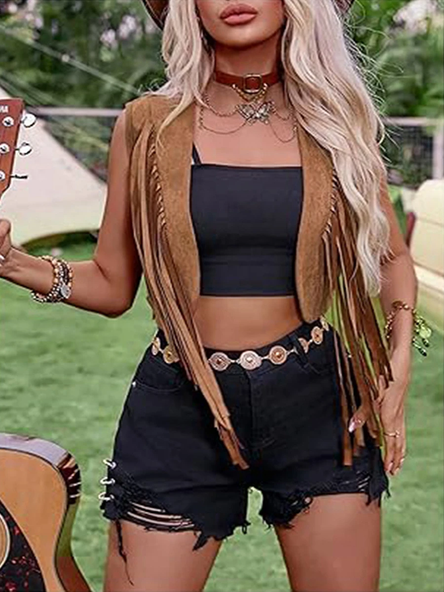 Gilet à franges pour femme des années 70 Hippie Faux daim Frange Veste Cardigan couleur unie Ouvert sur le devant sans manches Y2k Veste