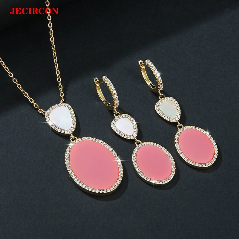 

JECIRCON S925 комплект ювелирных изделий из стерлингового серебра с муассанитом, розовый кулон, ожерелье и серьги с кисточками, модные роскошные украшения для женщин