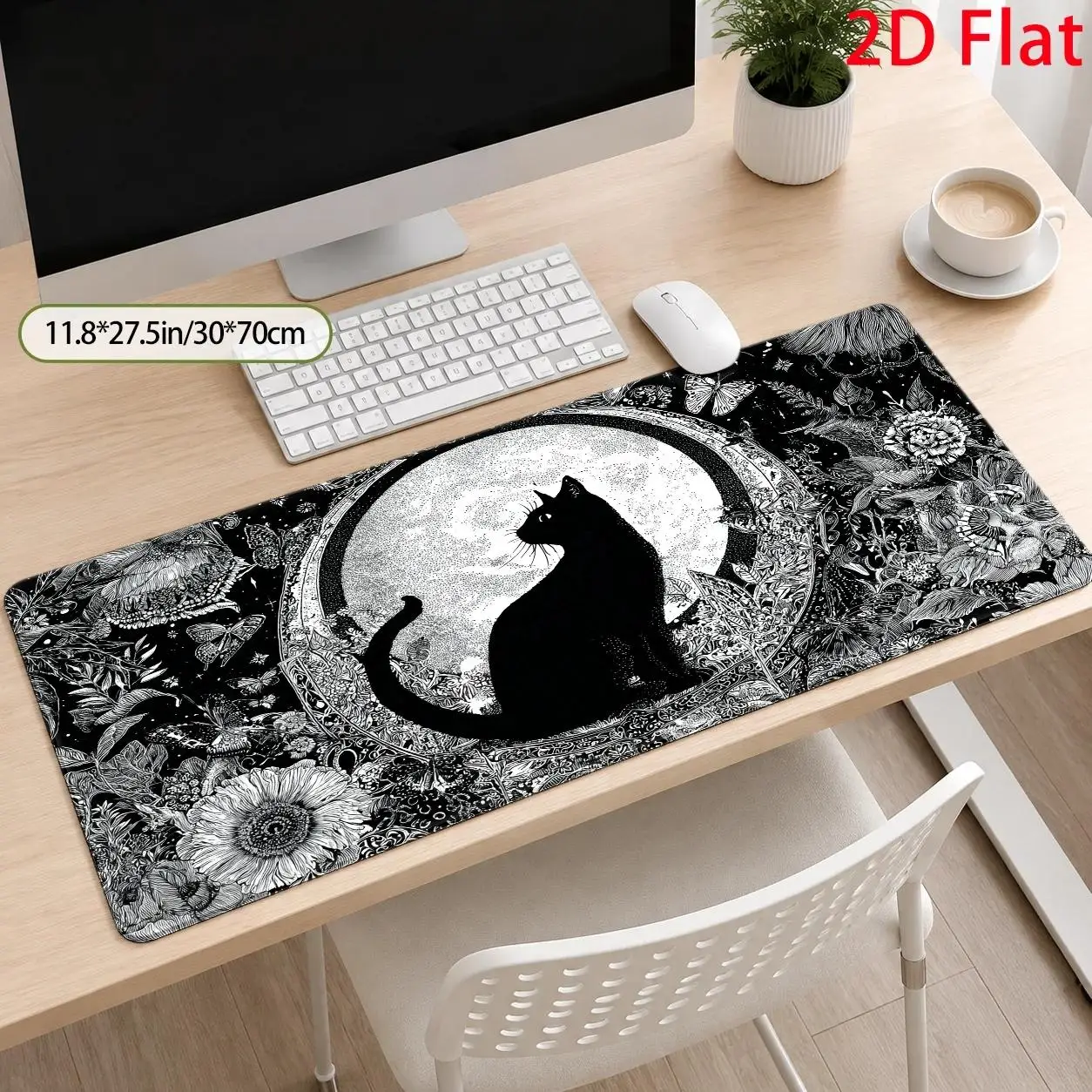 Large Gothic Black Cat Silhouette Mouse Pad & Desk Mat - Elegant Suitable for Halloween, Mystical Themed Computer Accessory, Stain-Resistant, Comfortable for