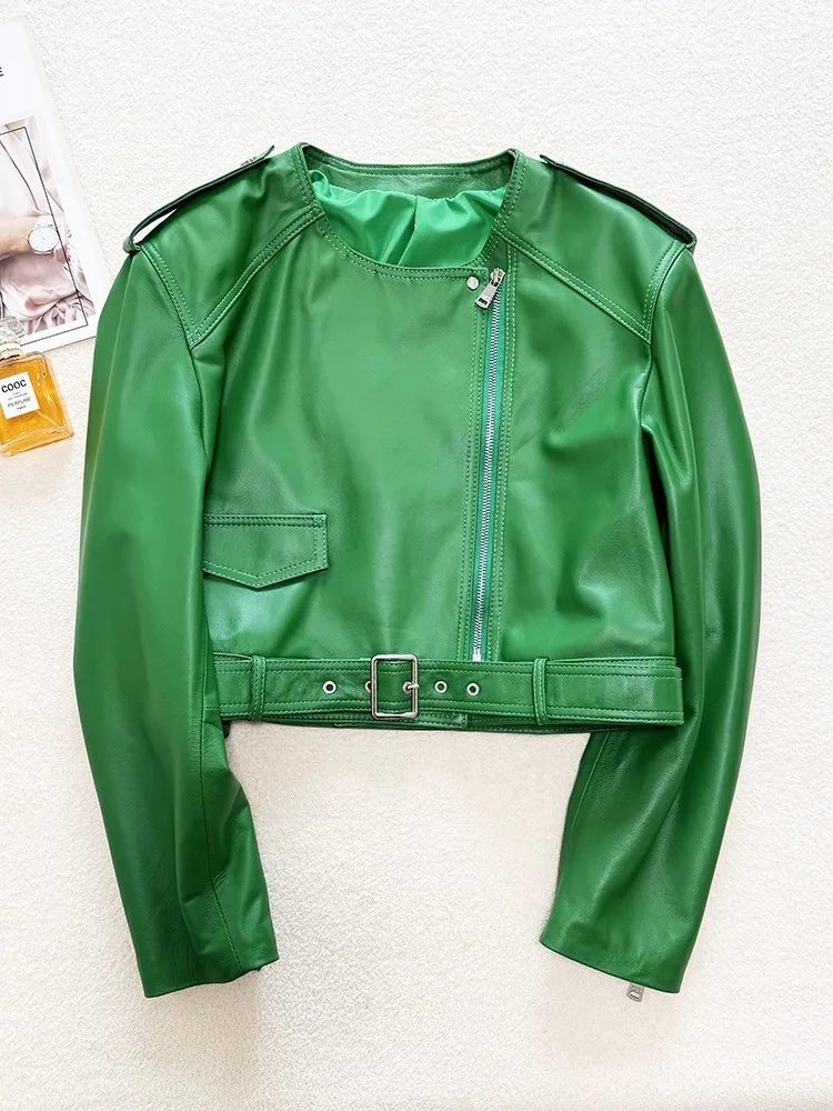 Giacca da moto da donna in vera pelle o-collo moda manica lunga punk streetwear nuova zip slim fit cappotto corto in pelle di pecora femminile