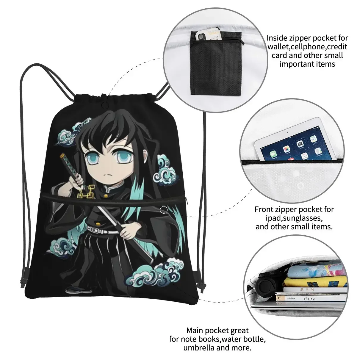 Chibi Mist Pillar Muichiro Tokito Portable Backpacks Drawstring Bag Drawstring Bundle Pocket Storage Bags For Travel Man Woman