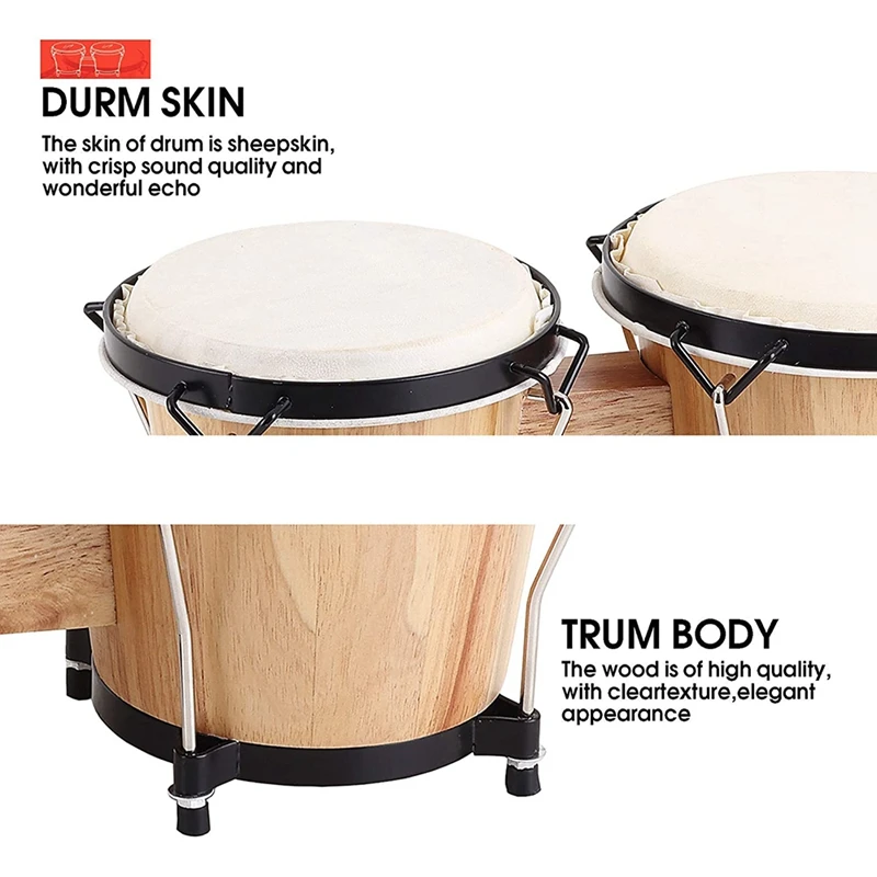 Bongo Drums, 6 Inch And 7 Inch Drum Set, Tunable Percussion Instruments Poplar Frame Construction Bongo Drum