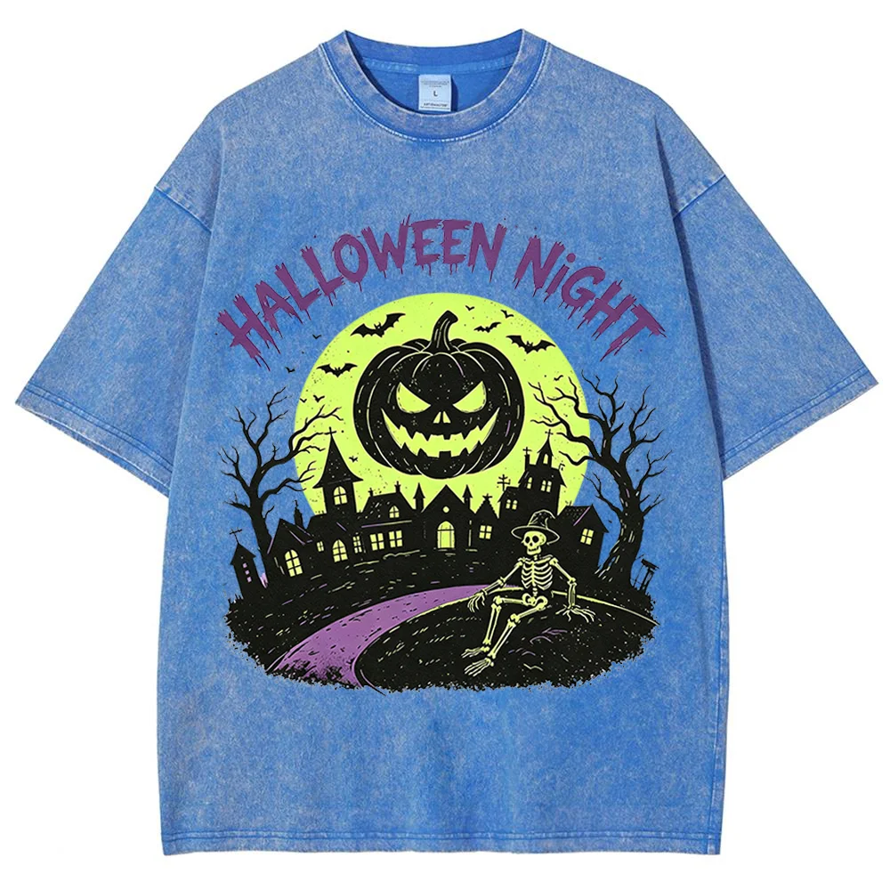 Women Halloween Night Graphic T Shirt Pumpkin Skeleton Haunted House Print Short Sleeve Crew Neck Casual Streetwear Top