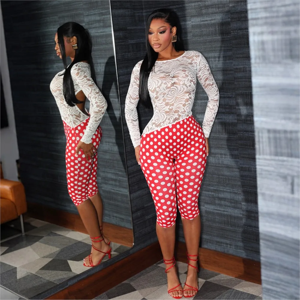

Fashionable Jumpsuit Spring Summer Retro Stitching Backless Polka Dot Print Personality Hot Girl Street Style Backless Jumpsuit